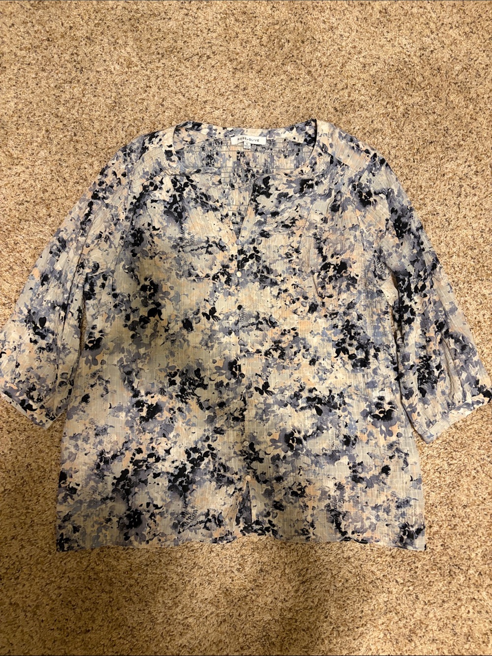 Rose & Olive Blue and Cream Floral Split-Neck Blouse